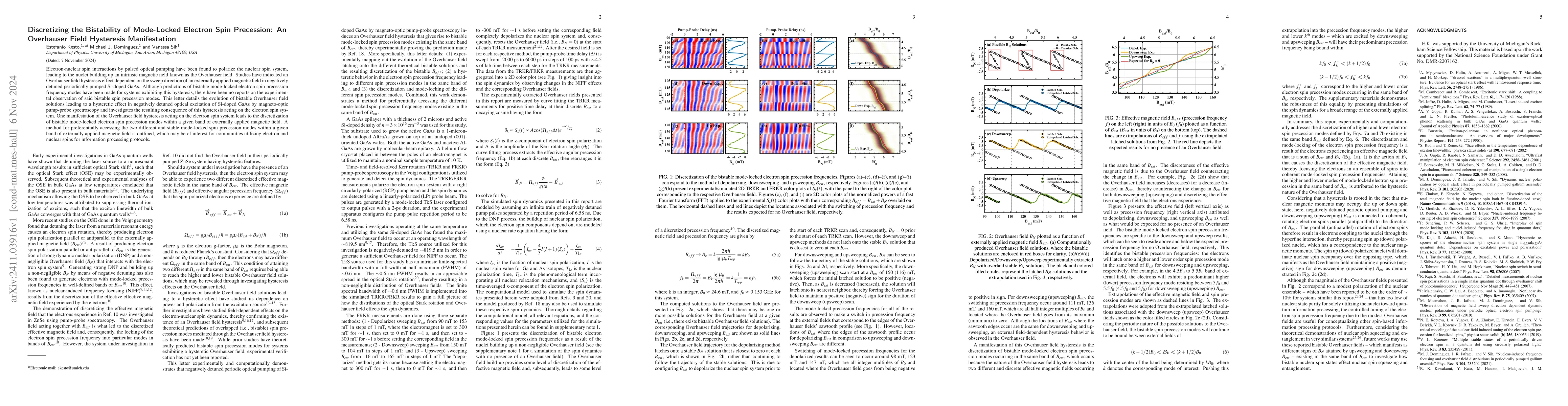 Thumbnail for Discretizing the Bistability of Mode-Locked Electron Spin Precession: An
  Overhauser Field Hysteresis Manifestation