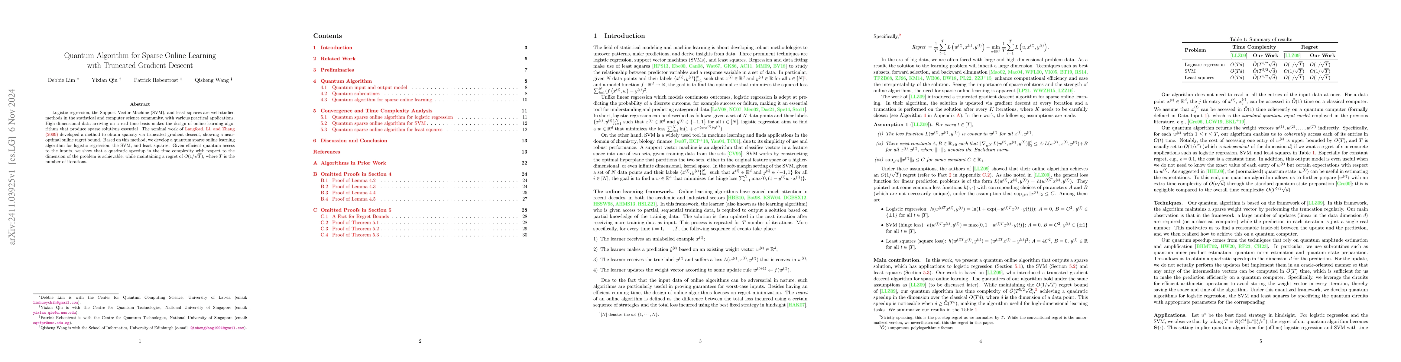 Thumbnail for Quantum Algorithm for Sparse Online Learning with Truncated Gradient
  Descent