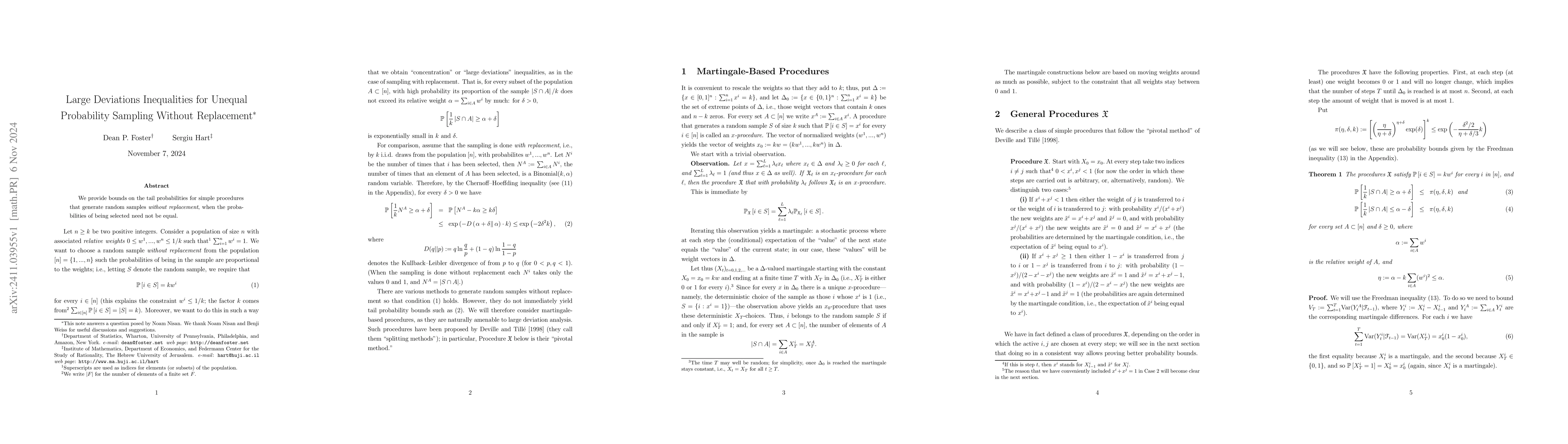 Thumbnail for Large Deviations Inequalities for Unequal Probability Sampling Without
  Replacement