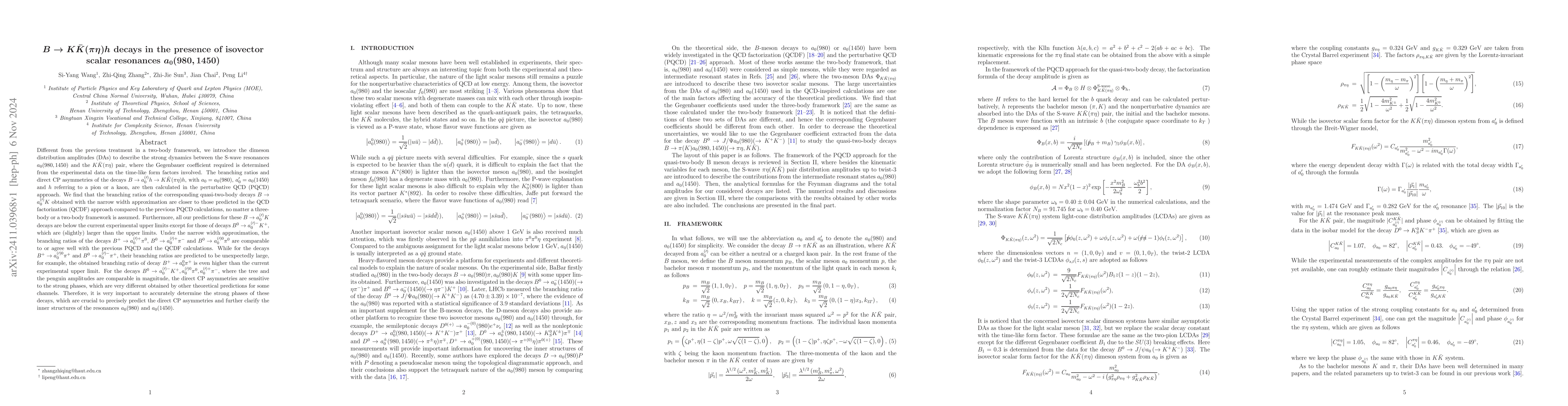 Thumbnail for $B\to K\bar K(πη)h$ decays in the presence of isovector scalar
  resonances $a_0(980,1450)$