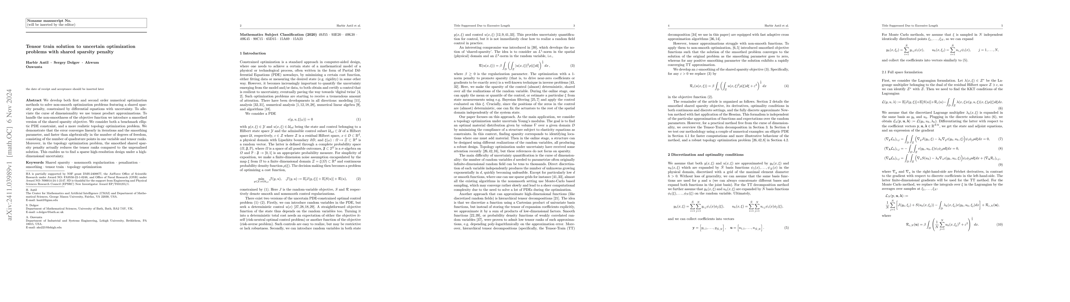 Thumbnail for Tensor train solution to uncertain optimization problems with shared
  sparsity penalty