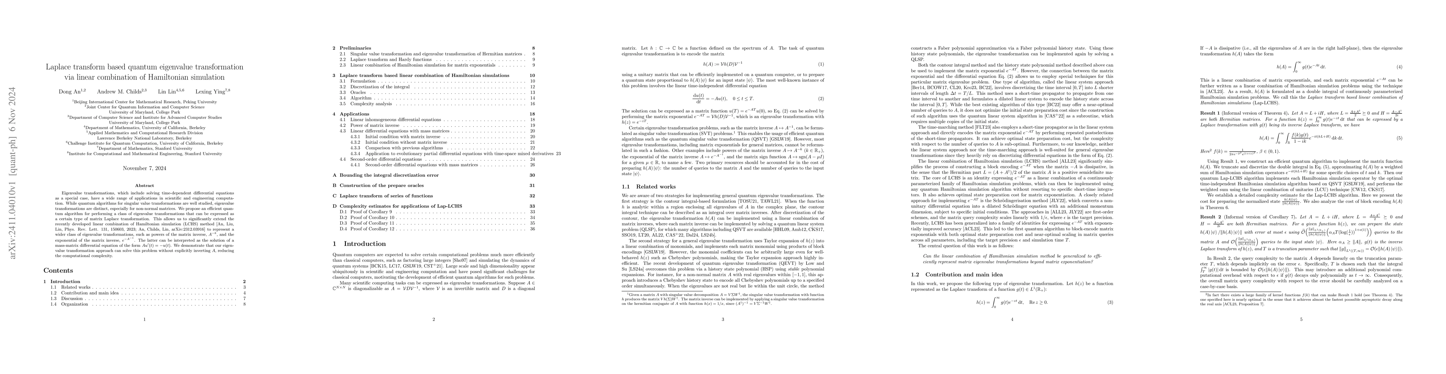 Thumbnail for Laplace transform based quantum eigenvalue transformation via linear
  combination of Hamiltonian simulation