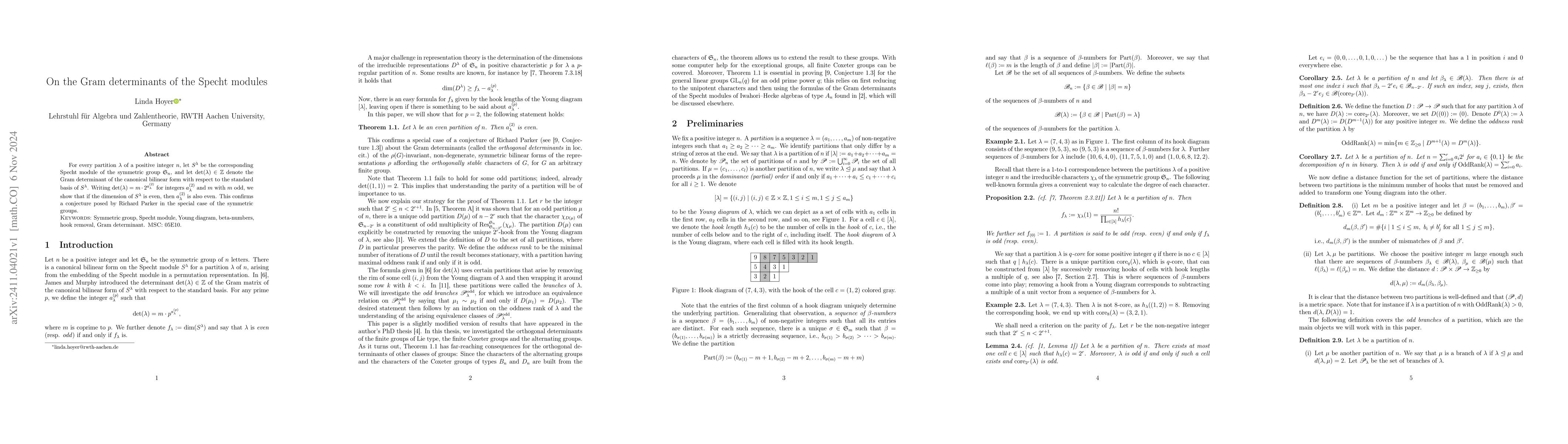 Thumbnail for On the Gram determinants of the Specht modules