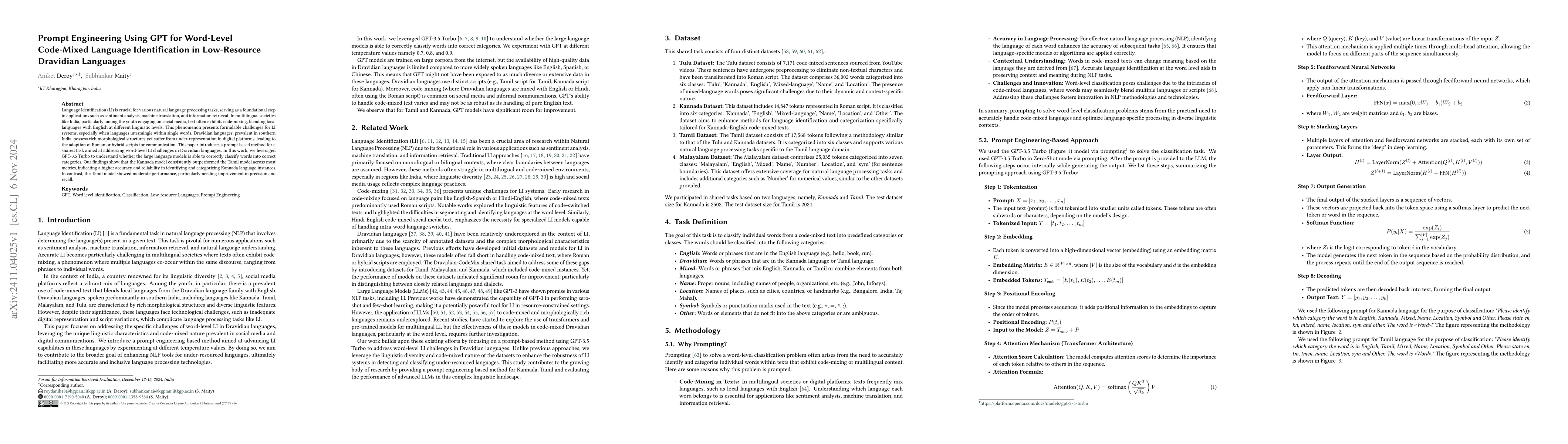 Thumbnail for Prompt Engineering Using GPT for Word-Level Code-Mixed Language
  Identification in Low-Resource Dravidian Languages