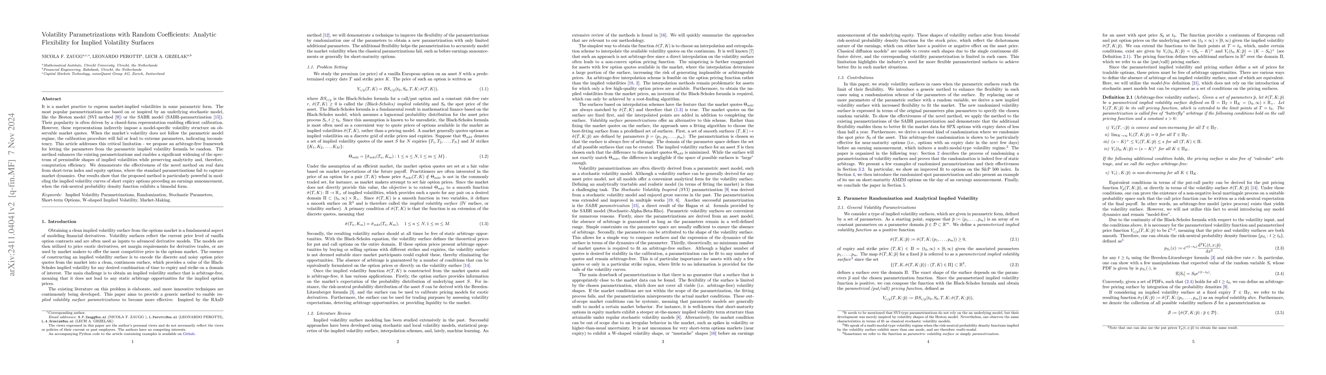 Thumbnail for Volatility Parametrizations with Random Coefficients: Analytic
  Flexibility for Implied Volatility Surfaces