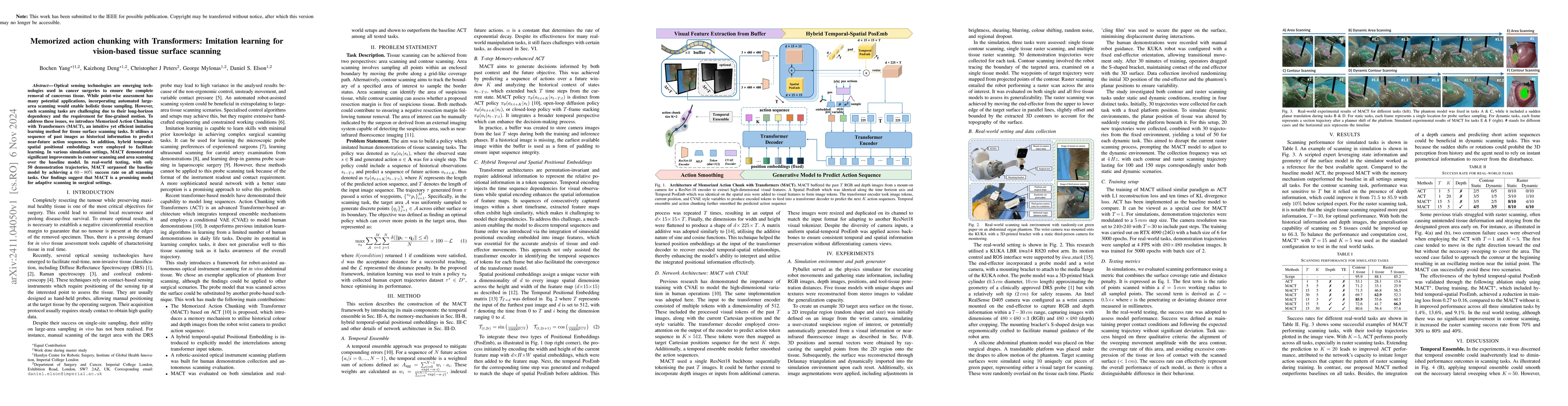 Thumbnail for Memorized action chunking with Transformers: Imitation learning for
  vision-based tissue surface scanning