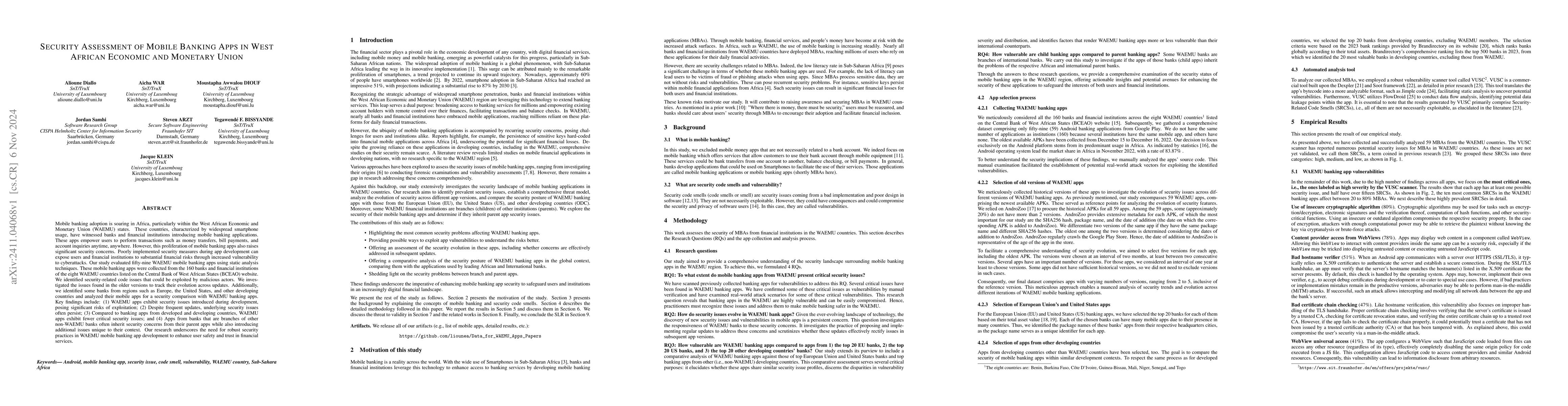 Thumbnail for Security Assessment of Mobile Banking Apps in West African Economic and
  Monetary Union