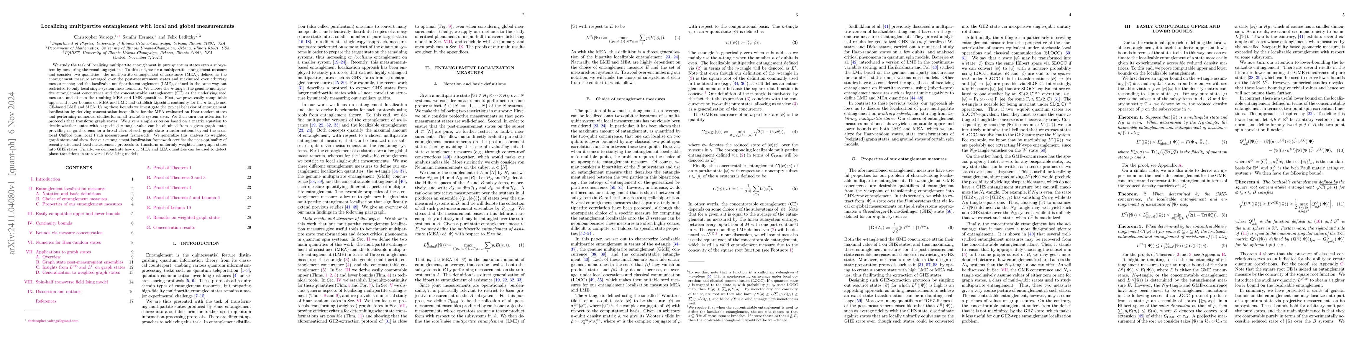 Thumbnail for Localizing multipartite entanglement with local and global measurements