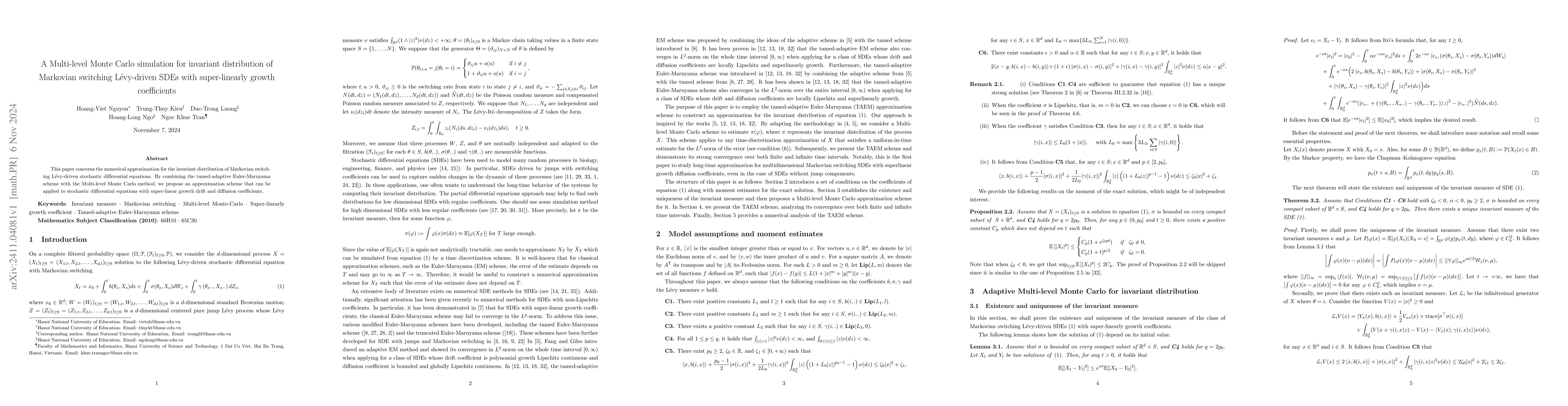 Thumbnail for A Multi-level Monte Carlo simulation for invariant distribution of
  Markovian switching Lévy-driven SDEs with super-linearly growth
  coefficients