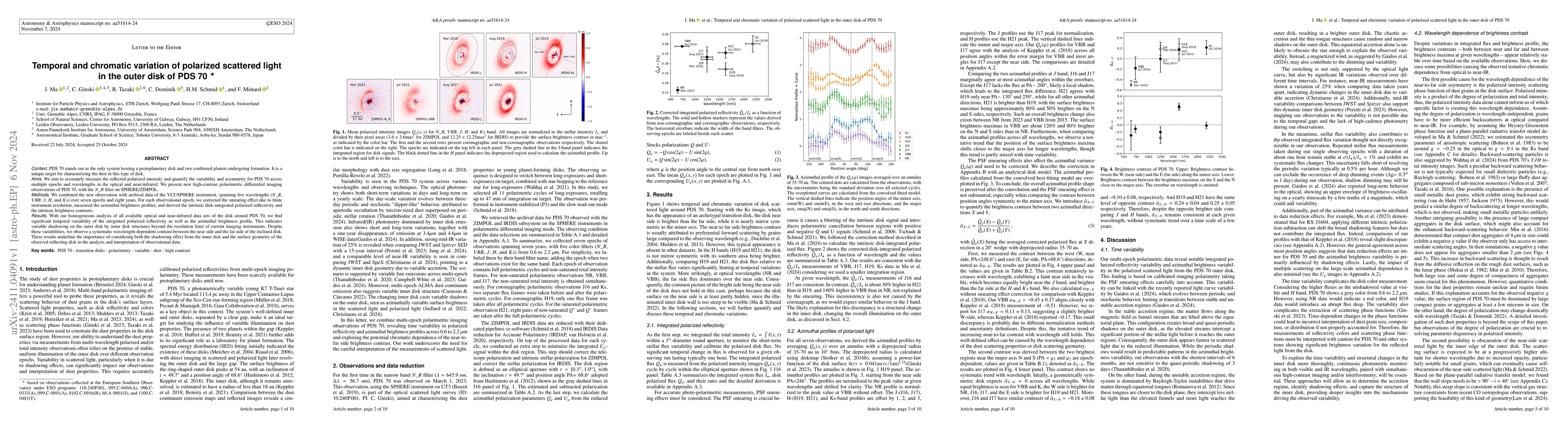 Thumbnail for Temporal and chromatic variation of polarized scattered light in the
  outer disk of PDS 70