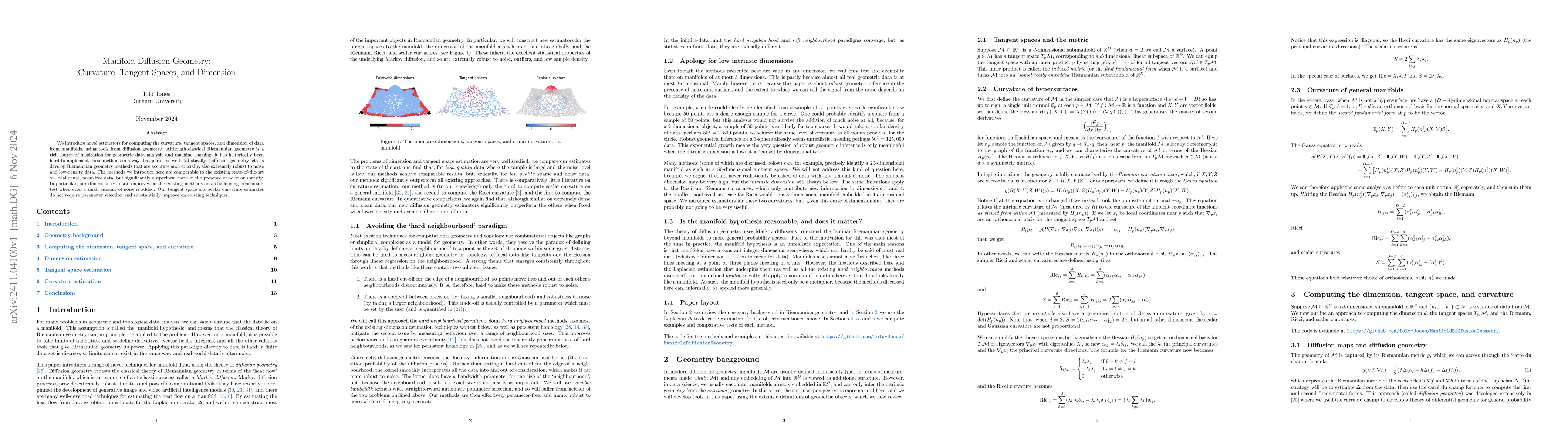 Thumbnail for Manifold Diffusion Geometry: Curvature, Tangent Spaces, and Dimension