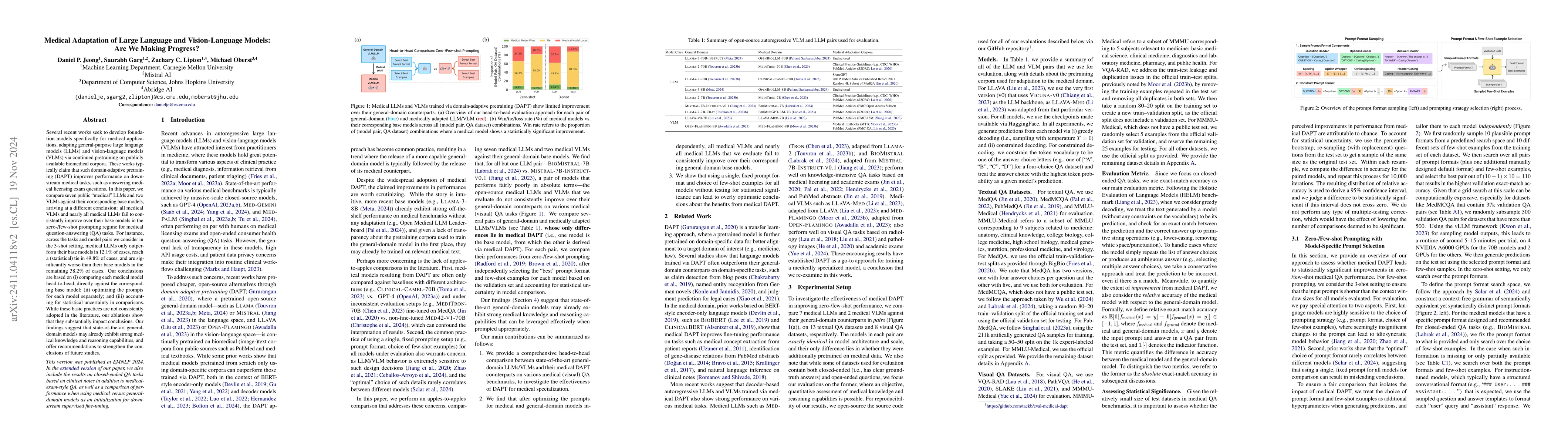 Thumbnail for Medical Adaptation of Large Language and Vision-Language Models: Are We
  Making Progress?