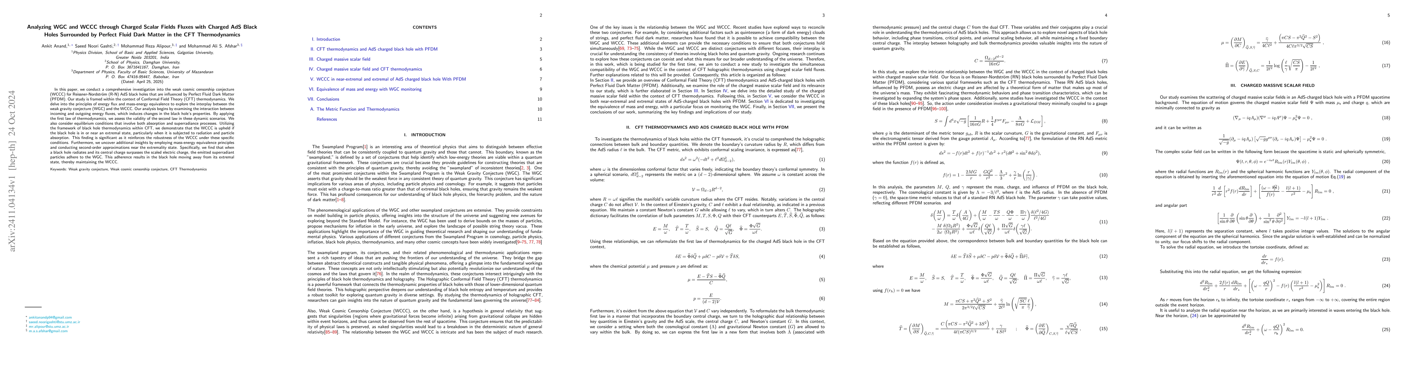 Thumbnail for Analyzing WGC and WCCC through Charged Scalar Fields Fluxes with Charged
  AdS Black Holes Surrounded by Perfect Fluid Dark Matter in the CFT
  Thermodynamics