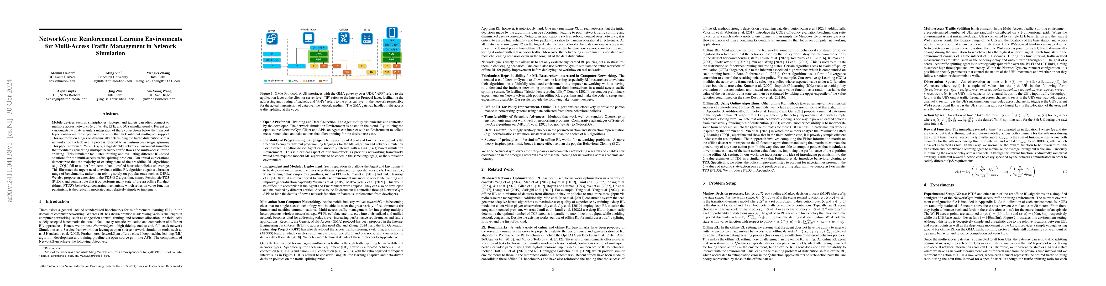 Thumbnail for NetworkGym: Reinforcement Learning Environments for Multi-Access Traffic
  Management in Network Simulation