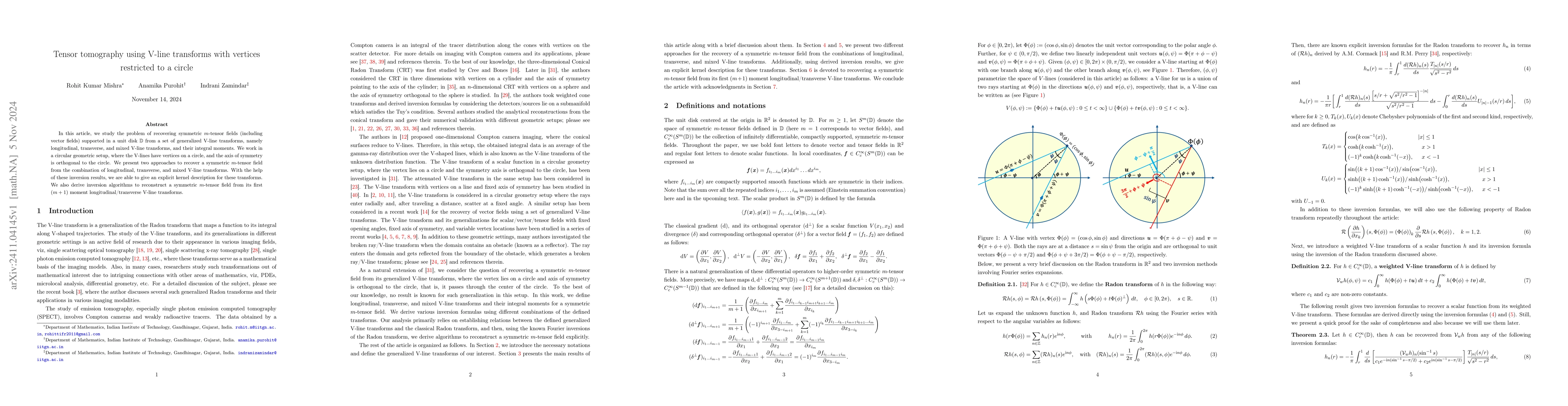 Thumbnail for Tensor tomography using V-line transforms with vertices restricted to a
  circle