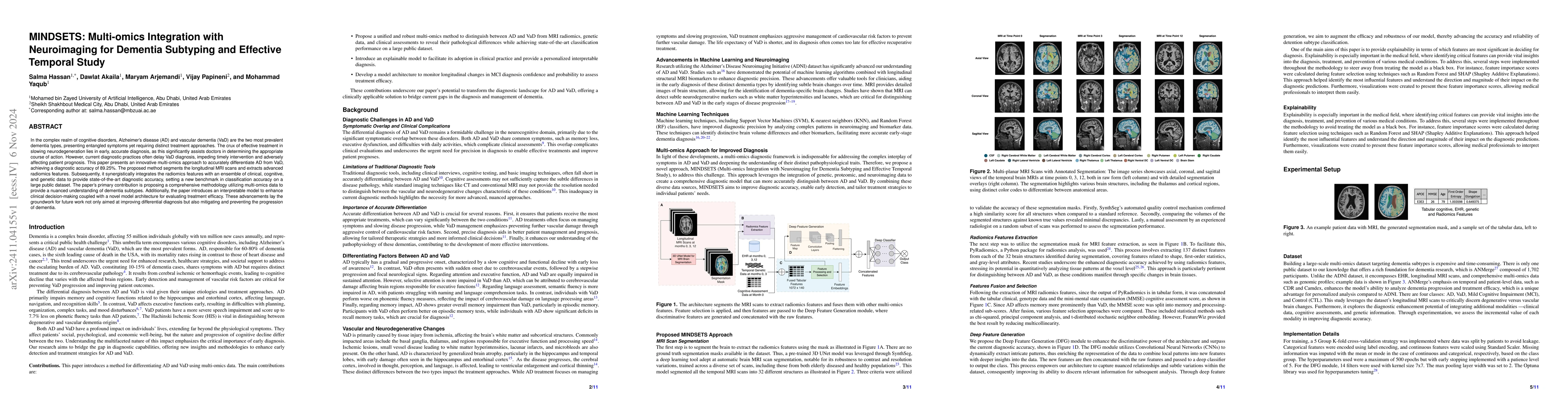 Thumbnail for MINDSETS: Multi-omics Integration with Neuroimaging for Dementia
  Subtyping and Effective Temporal Study