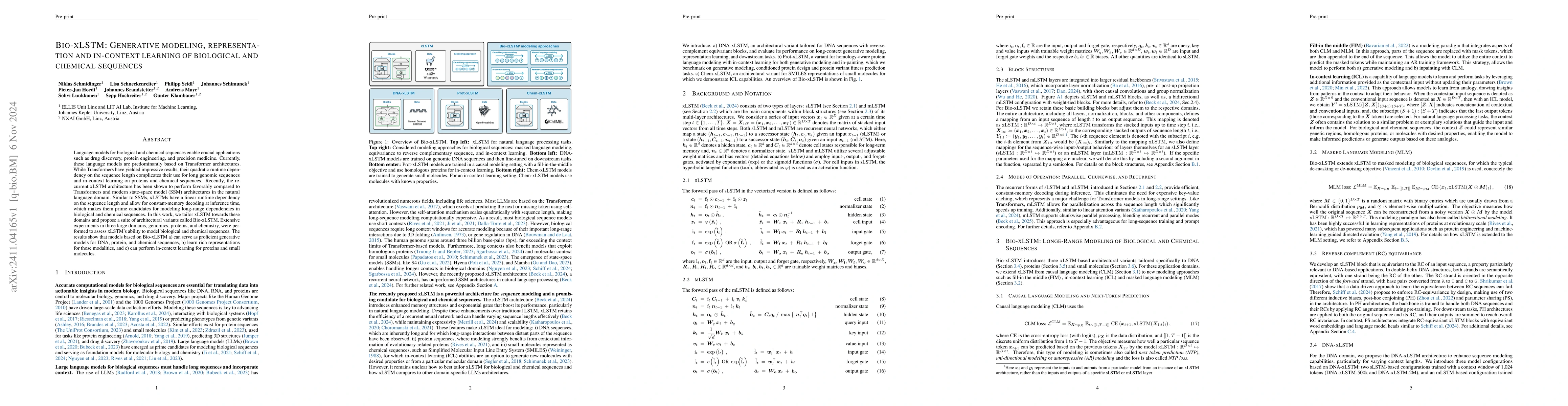 Thumbnail for Bio-xLSTM: Generative modeling, representation and in-context learning
  of biological and chemical sequences