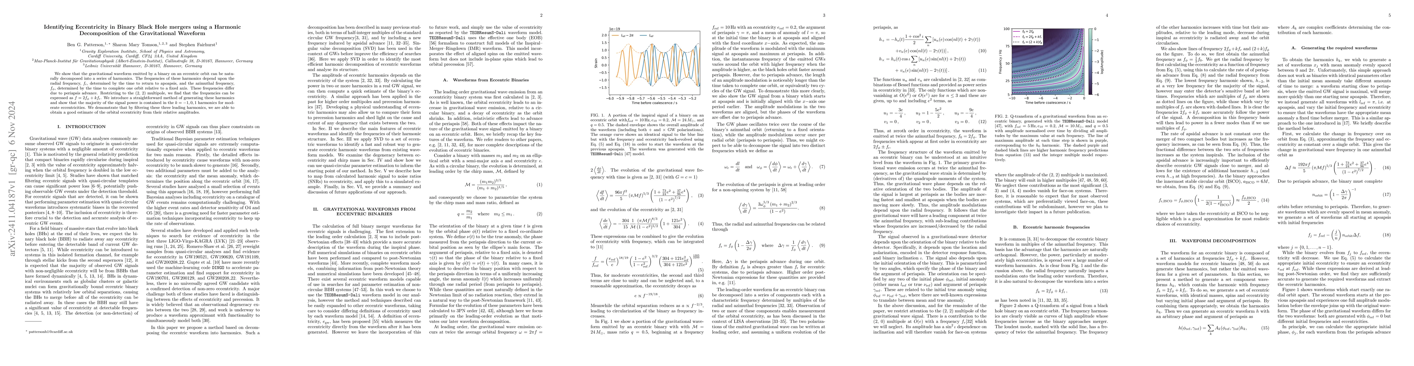 Thumbnail for Identifying Eccentricity in Binary Black Hole mergers using a Harmonic
  Decomposition of the Gravitational Waveform