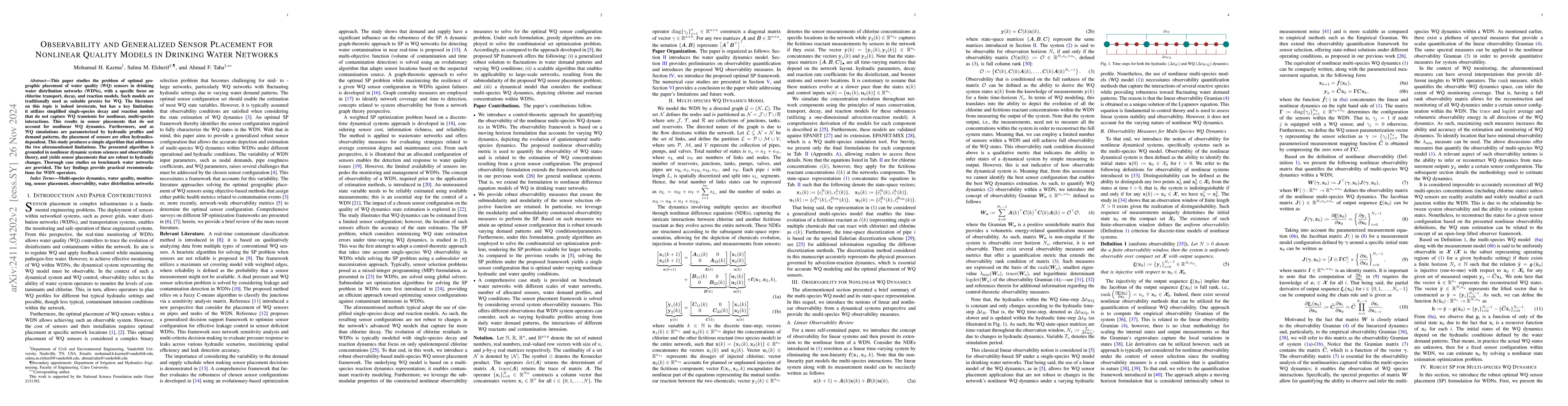 Thumbnail for Observability and Generalized Sensor Placement for Nonlinear Quality
  Models in Drinking Water Networks
