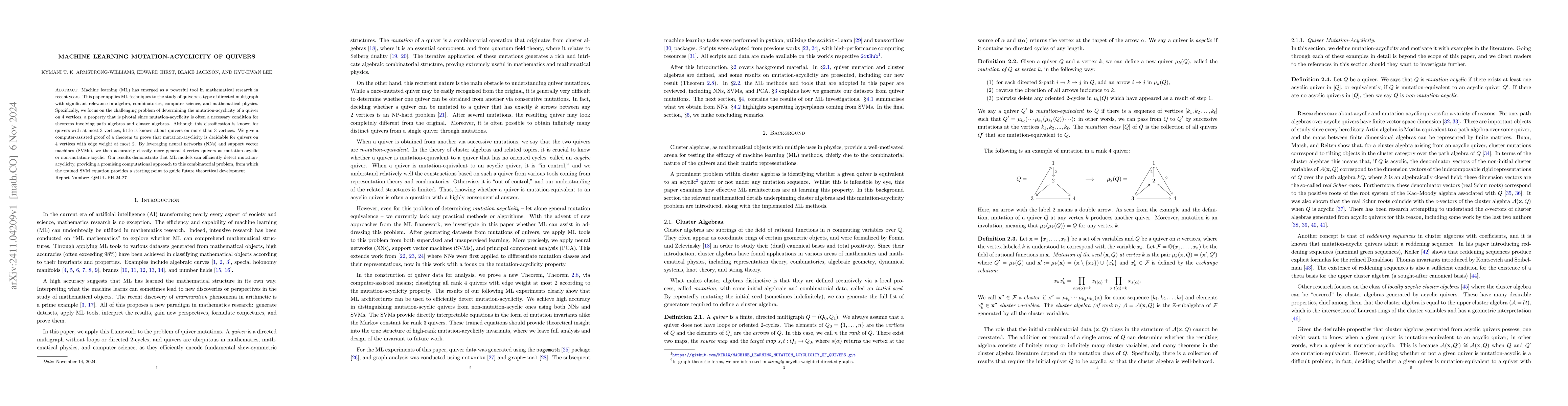 Thumbnail for Machine Learning Mutation-Acyclicity of Quivers