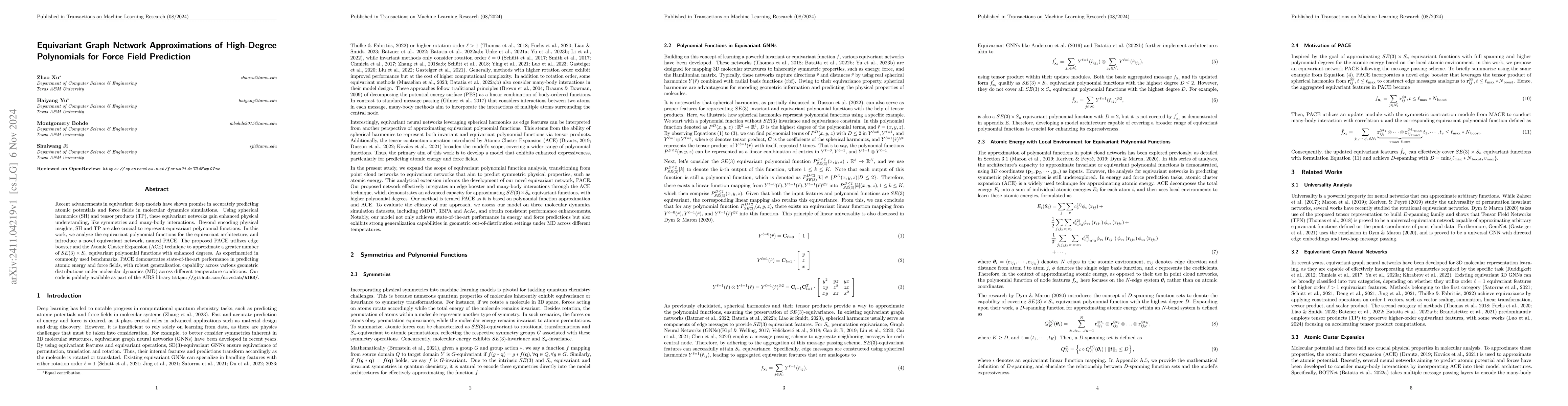 Thumbnail for Equivariant Graph Network Approximations of High-Degree Polynomials for
  Force Field Prediction