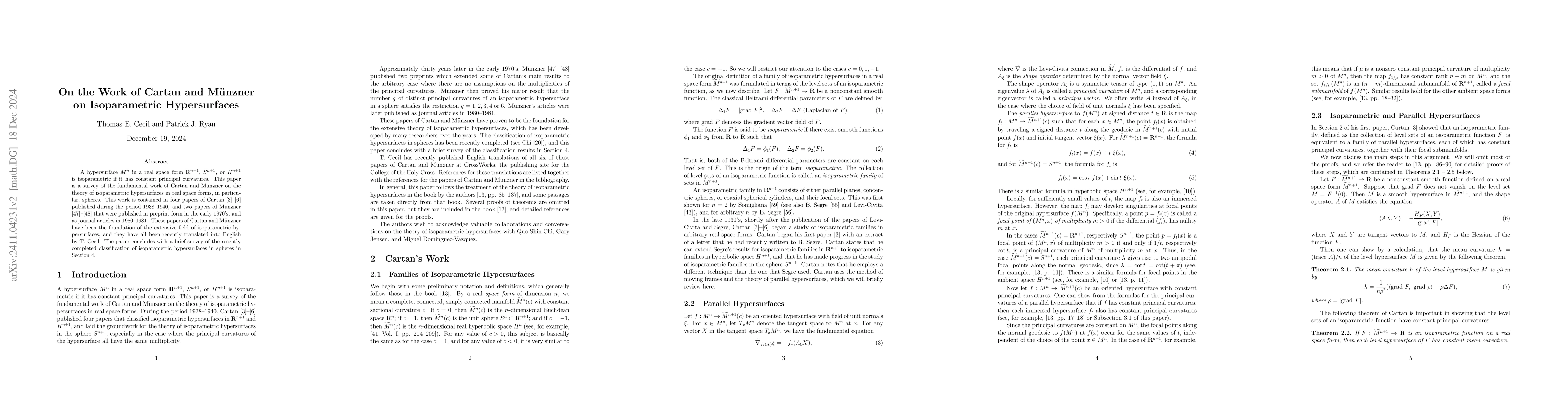 Thumbnail for On the Work of Cartan and Münzner on Isoparametric Hypersurfaces