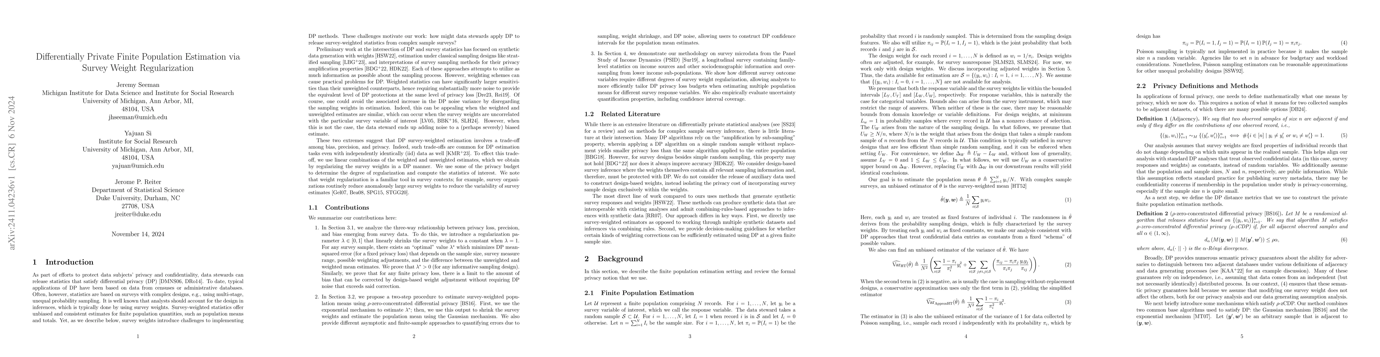 Thumbnail for Differentially Private Finite Population Estimation via Survey Weight
  Regularization