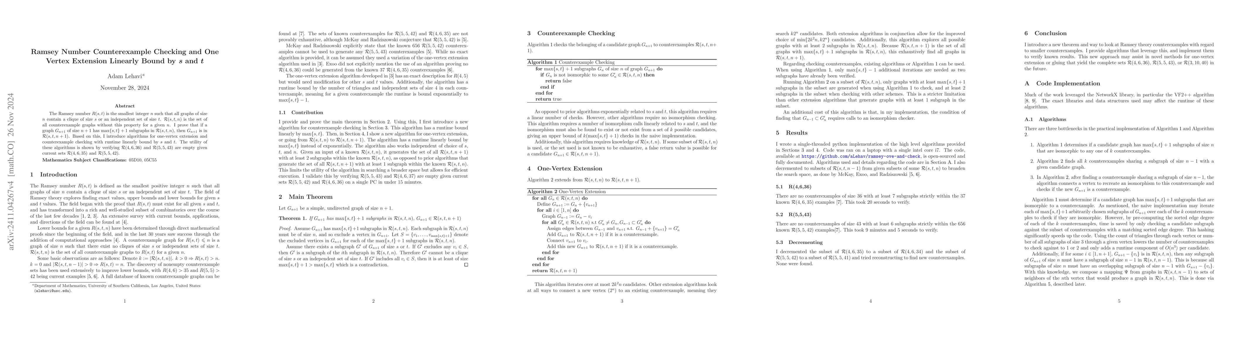 Thumbnail for Ramsey Number Counterexample Checking and One Vertex Extension Linearly
  Bound by $s$ and $t$