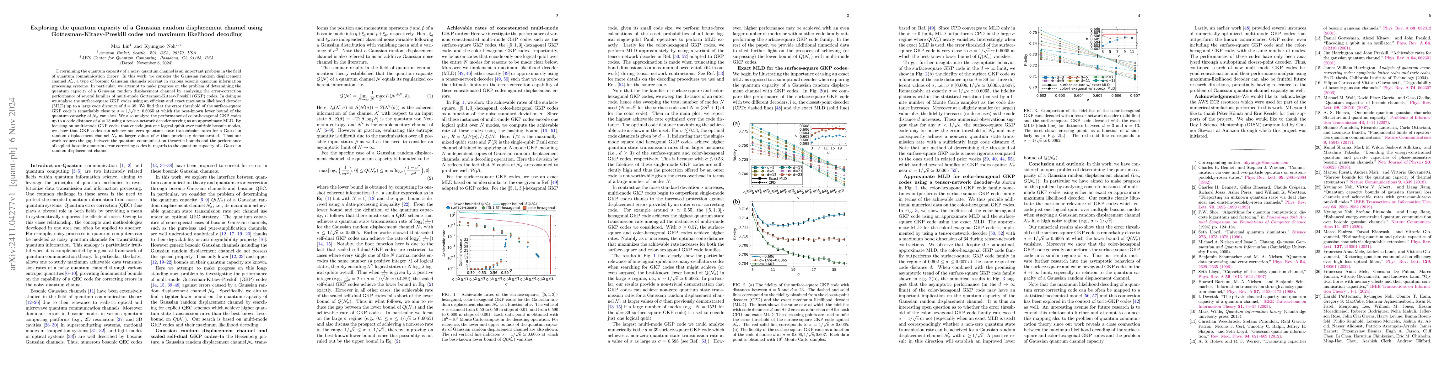 Thumbnail for Exploring the quantum capacity of a Gaussian random displacement channel
  using Gottesman-Kitaev-Preskill codes and maximum likelihood decoding