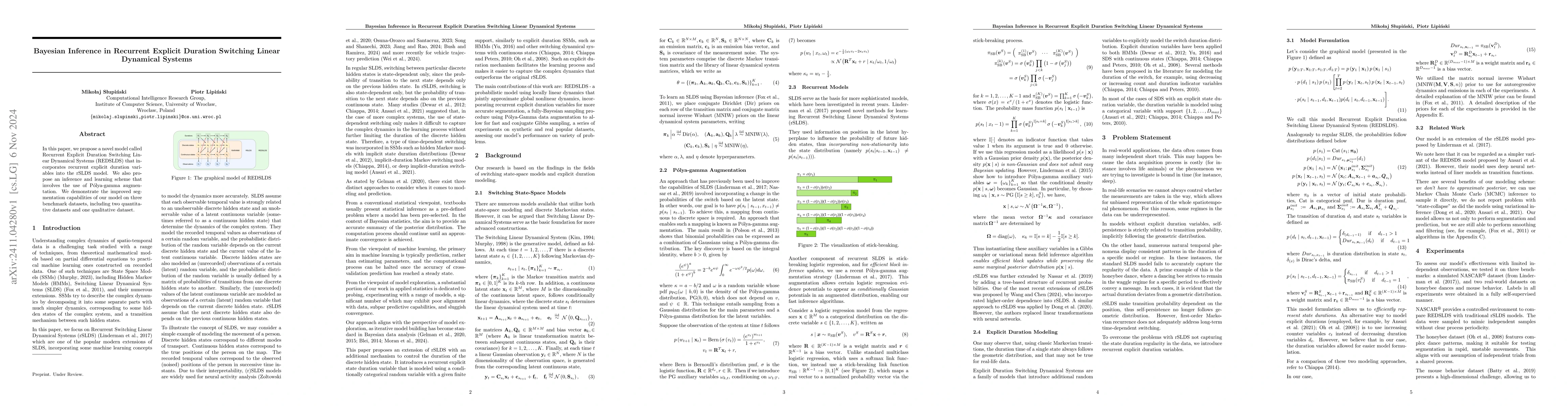 Thumbnail for Bayesian Inference in Recurrent Explicit Duration Switching Linear
  Dynamical Systems