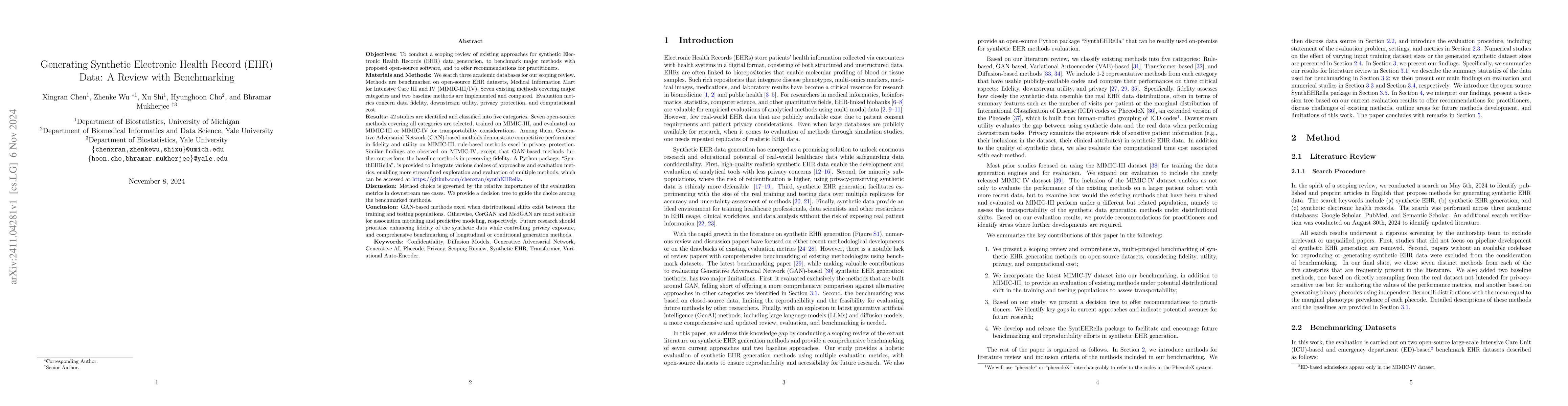 Thumbnail for Generating Synthetic Electronic Health Record (EHR) Data: A Review with
  Benchmarking