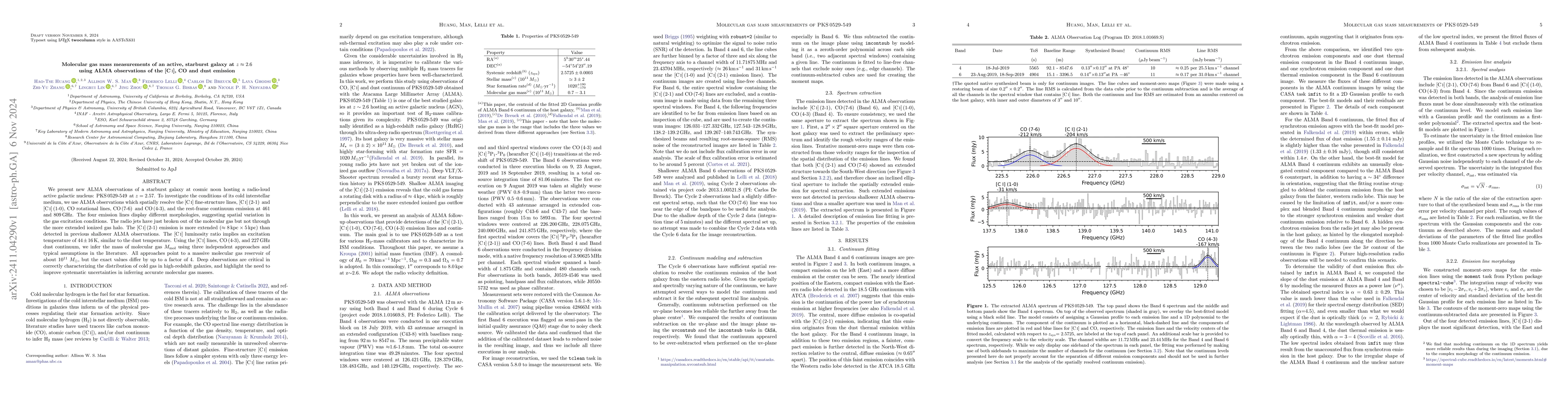 Thumbnail for Molecular gas mass measurements of an active, starburst galaxy at
  $z\approx2.6$ using ALMA observations of the [CI], CO and dust emission