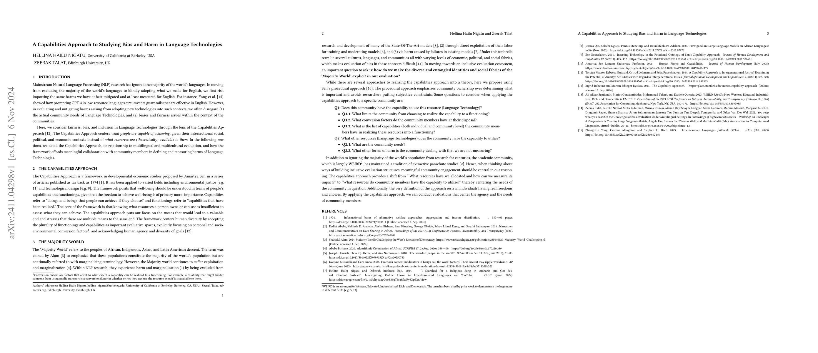 Thumbnail for A Capabilities Approach to Studying Bias and Harm in Language
  Technologies