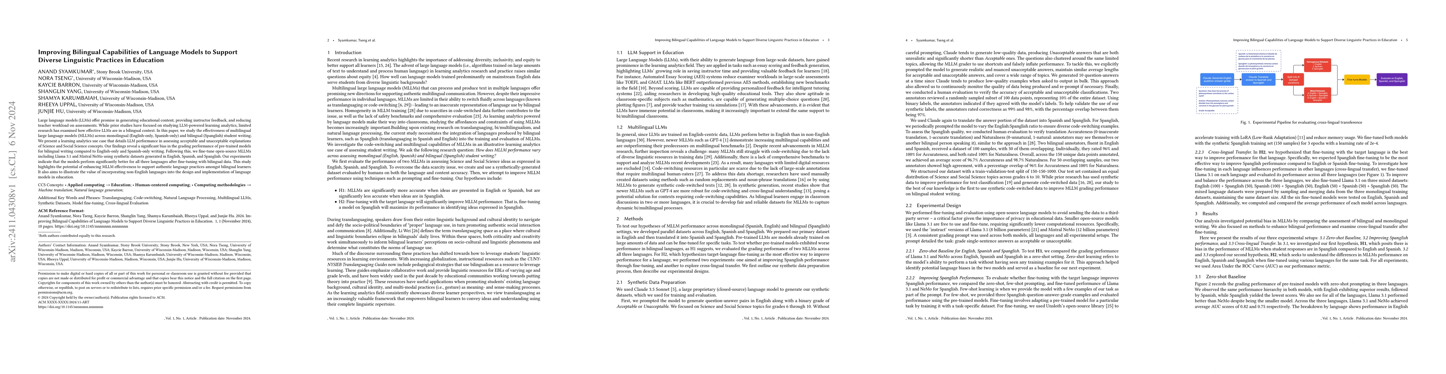Thumbnail for Improving Bilingual Capabilities of Language Models to Support Diverse
  Linguistic Practices in Education