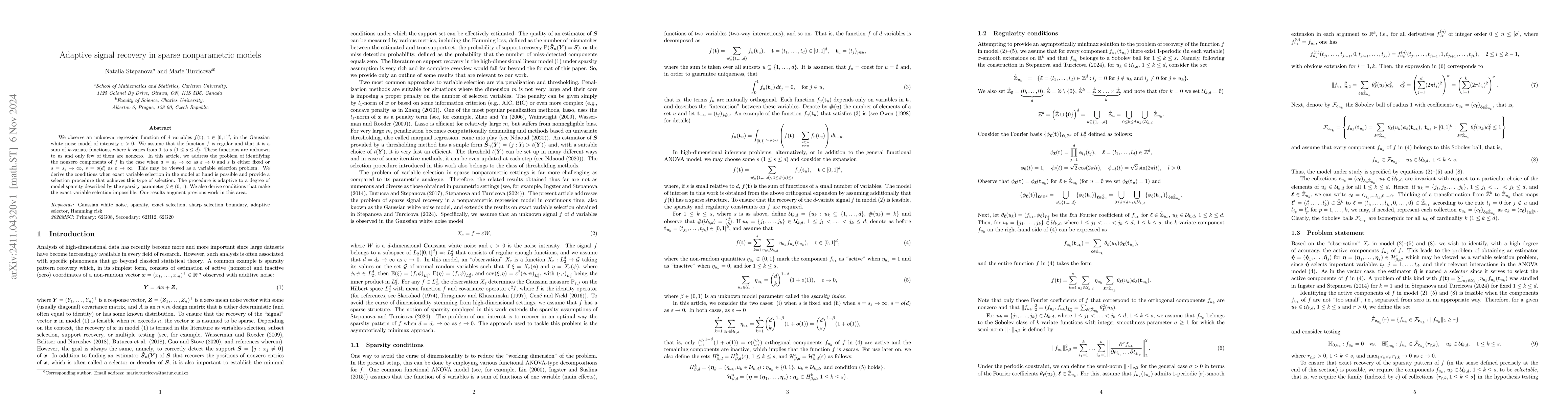 Thumbnail for Adaptive signal recovery in sparse nonparametric models
