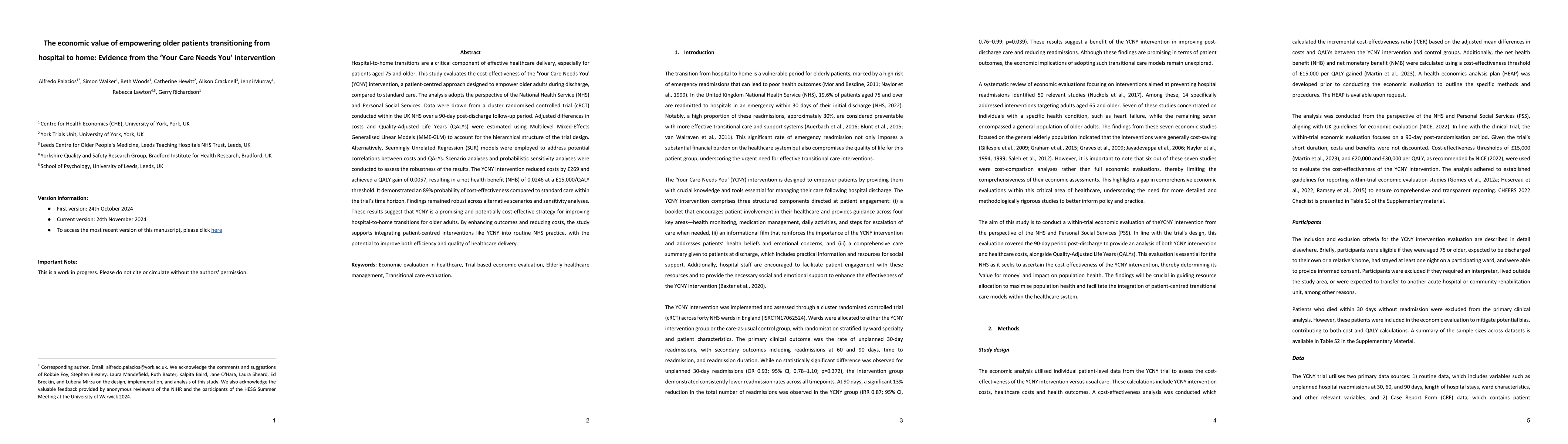 Thumbnail for Economic evaluation of empowering older patients transitioning from
  hospital to home: Trial-based analysis of the 'Your Care Needs You'
  intervention