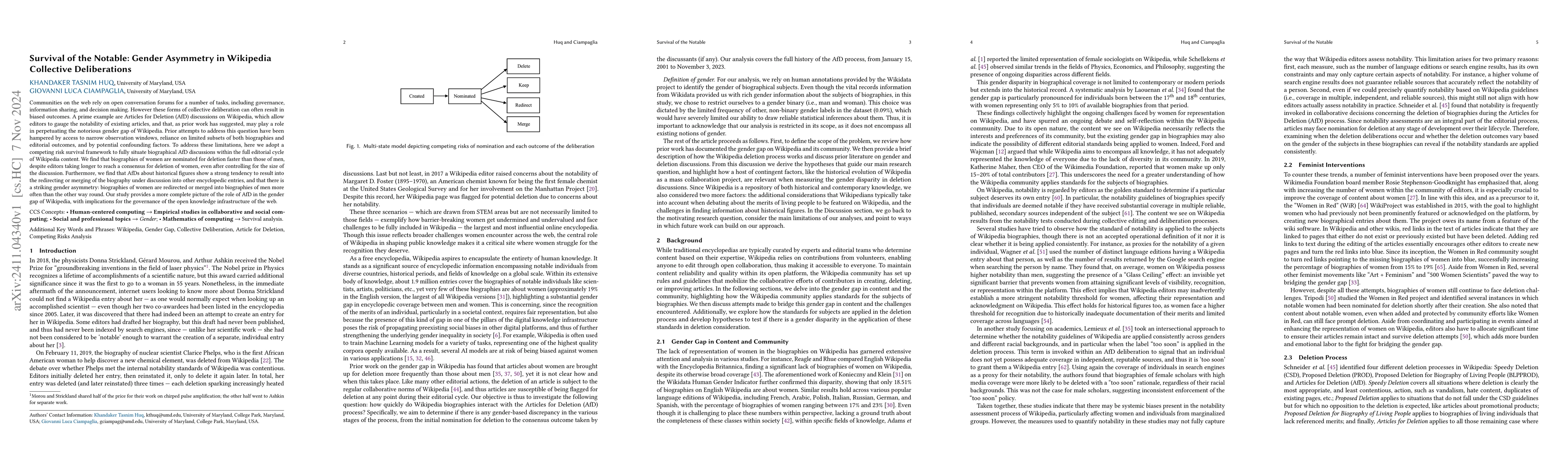 Thumbnail for Survival of the Notable: Gender Asymmetry in Wikipedia Collective
  Deliberations