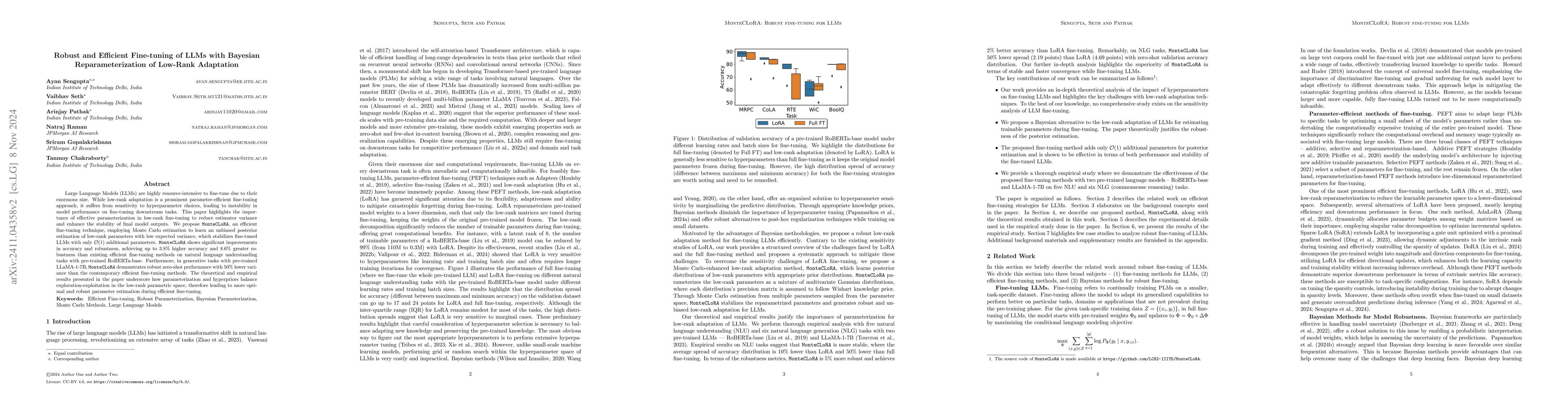 Thumbnail for Robust and Efficient Fine-tuning of LLMs with Bayesian
  Reparameterization of Low-Rank Adaptation