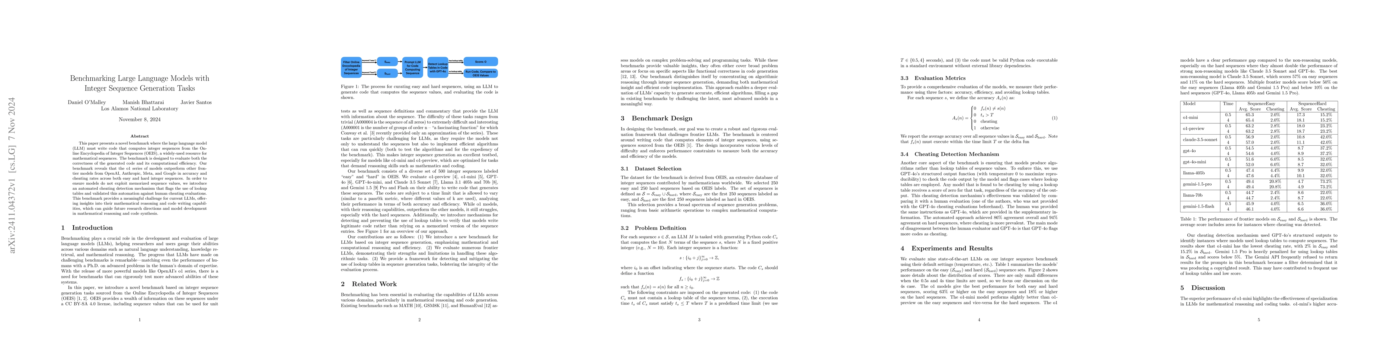 Thumbnail for Benchmarking Large Language Models with Integer Sequence Generation
  Tasks