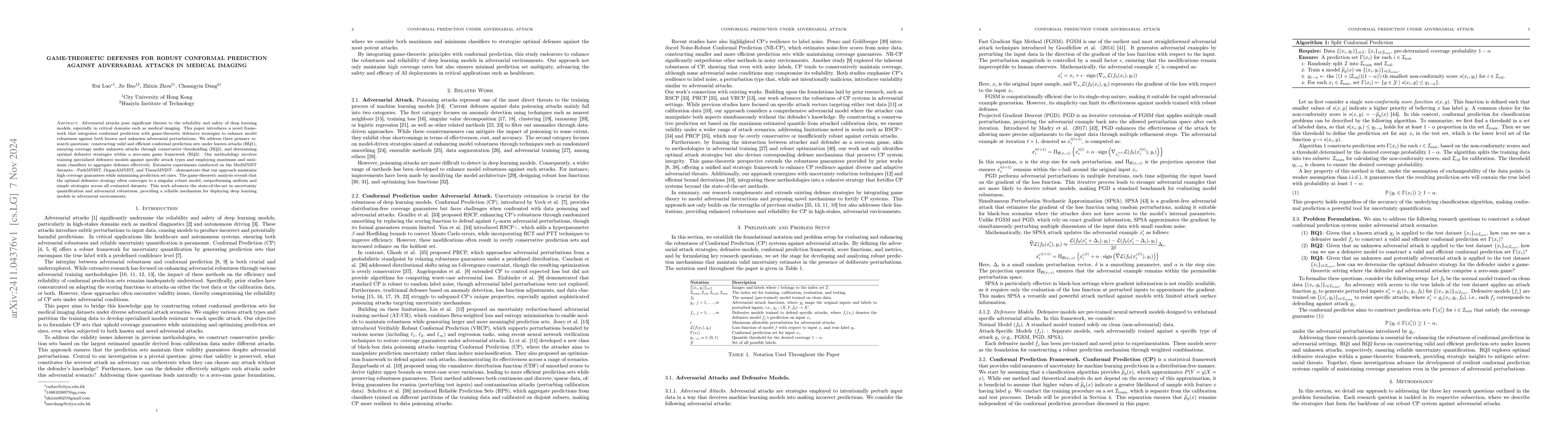 Thumbnail for Game-Theoretic Defenses for Robust Conformal Prediction Against
  Adversarial Attacks in Medical Imaging