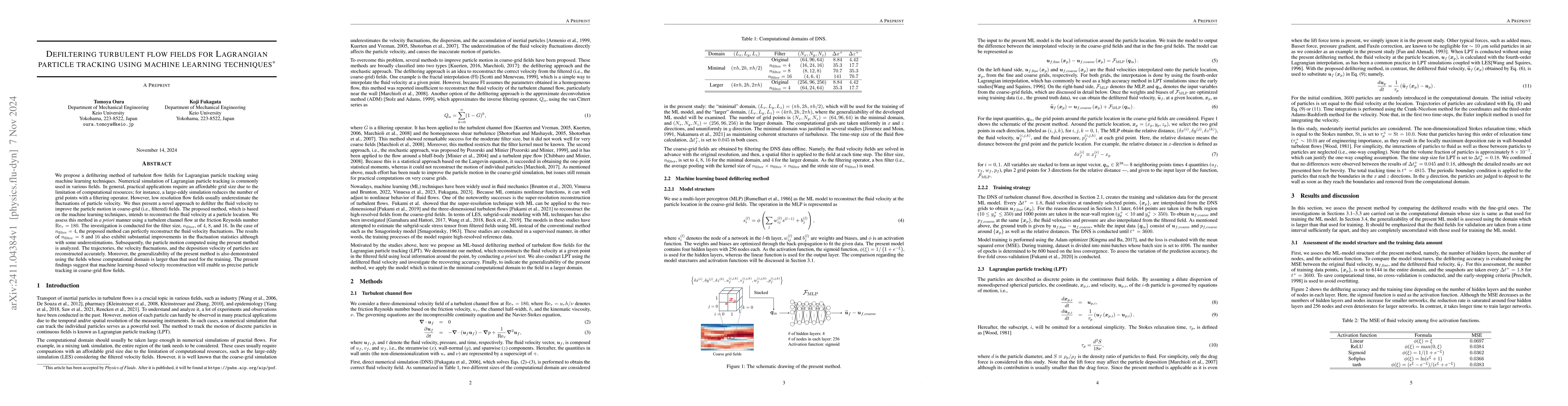 Thumbnail for Defiltering turbulent flow fields for Lagrangian particle tracking using
  machine learning techniques