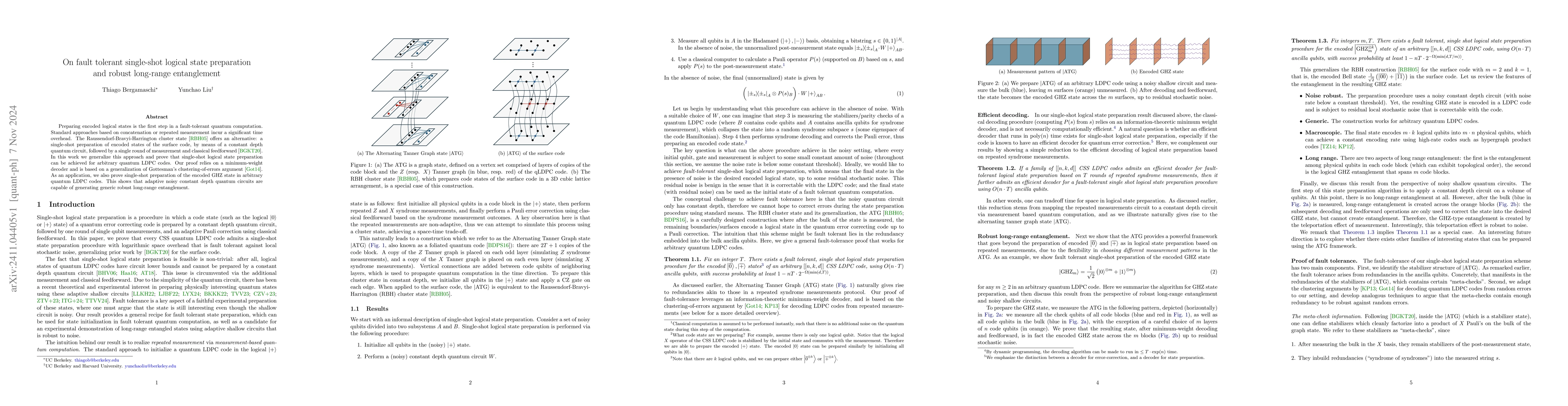 Thumbnail for On fault tolerant single-shot logical state preparation and robust
  long-range entanglement