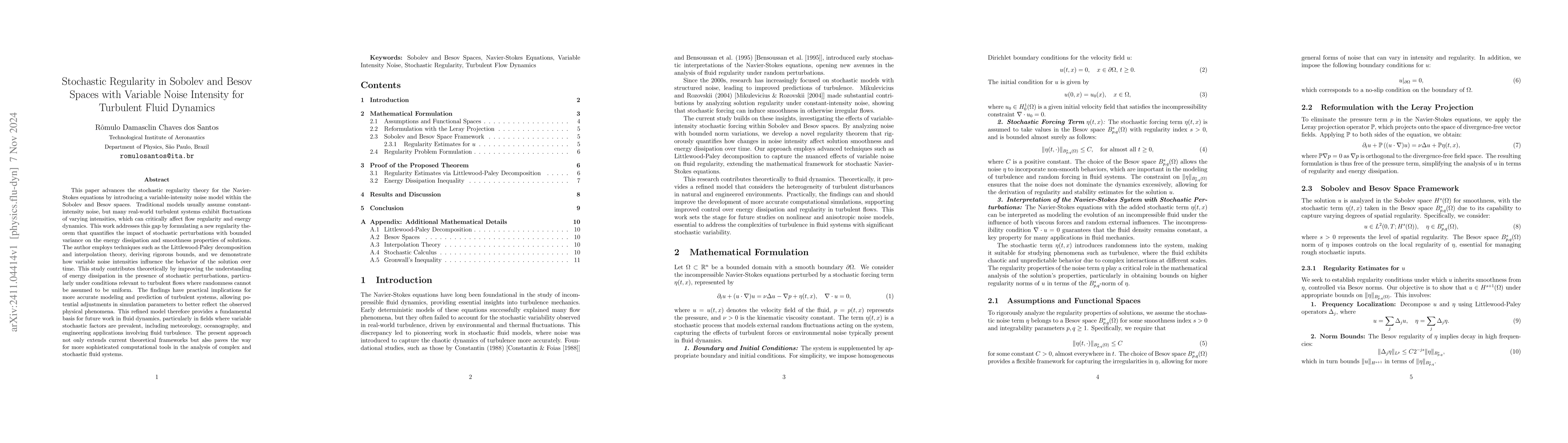 Thumbnail for Stochastic Regularity in Sobolev and Besov Spaces with Variable Noise
  Intensity for Turbulent Fluid Dynamics