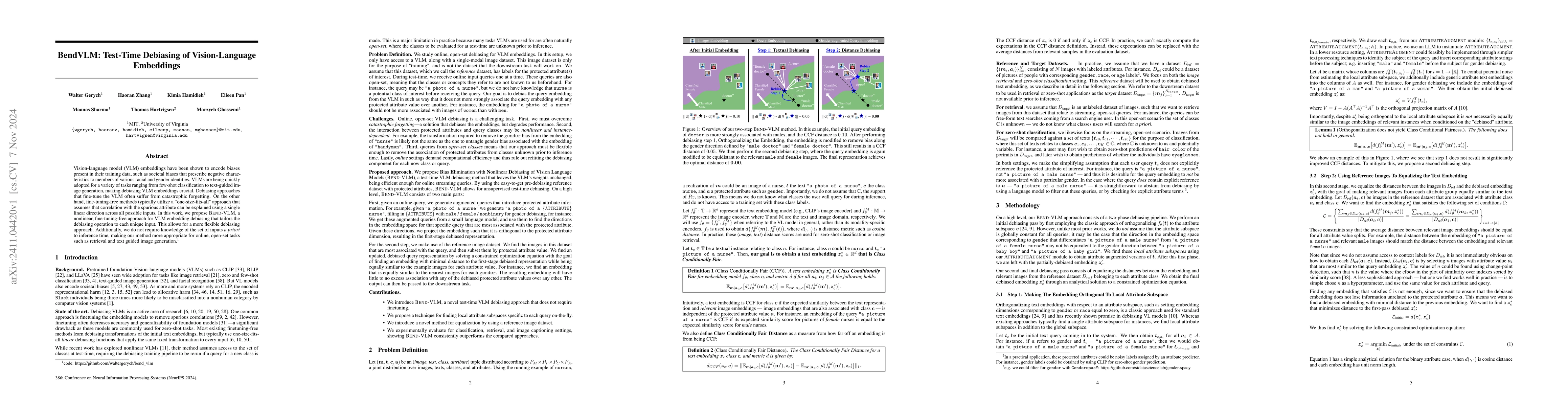 Thumbnail for BendVLM: Test-Time Debiasing of Vision-Language Embeddings