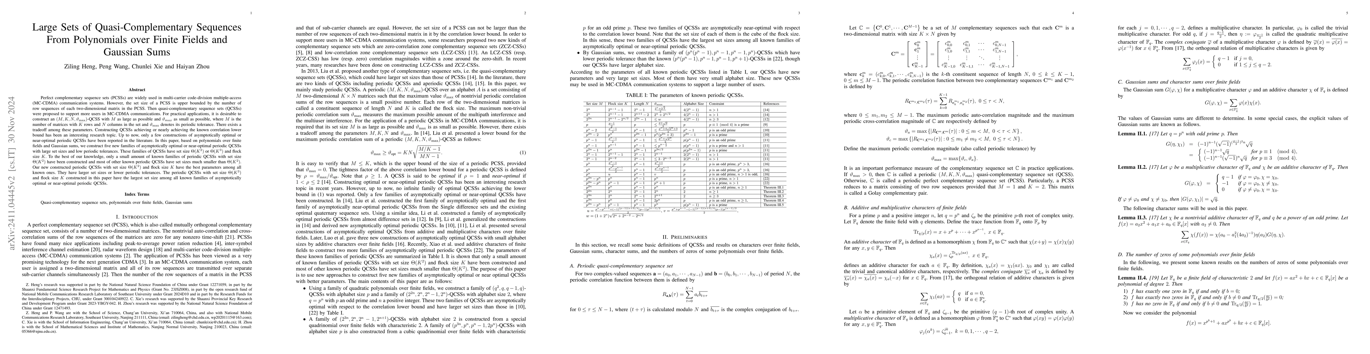 Thumbnail for Large Sets of Quasi-Complementary Sequences From Polynomials over Finite
  Fields and Gaussian Sums