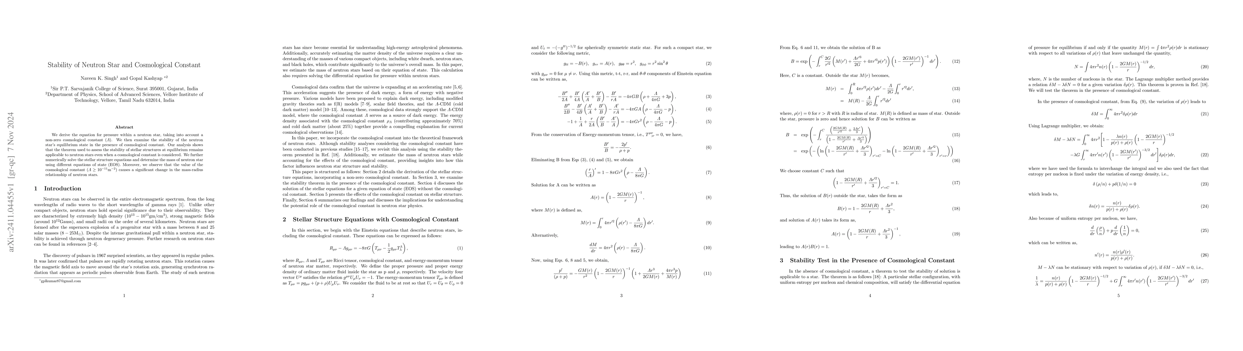 Thumbnail for Stability of Neutron Star and Cosmological Constant