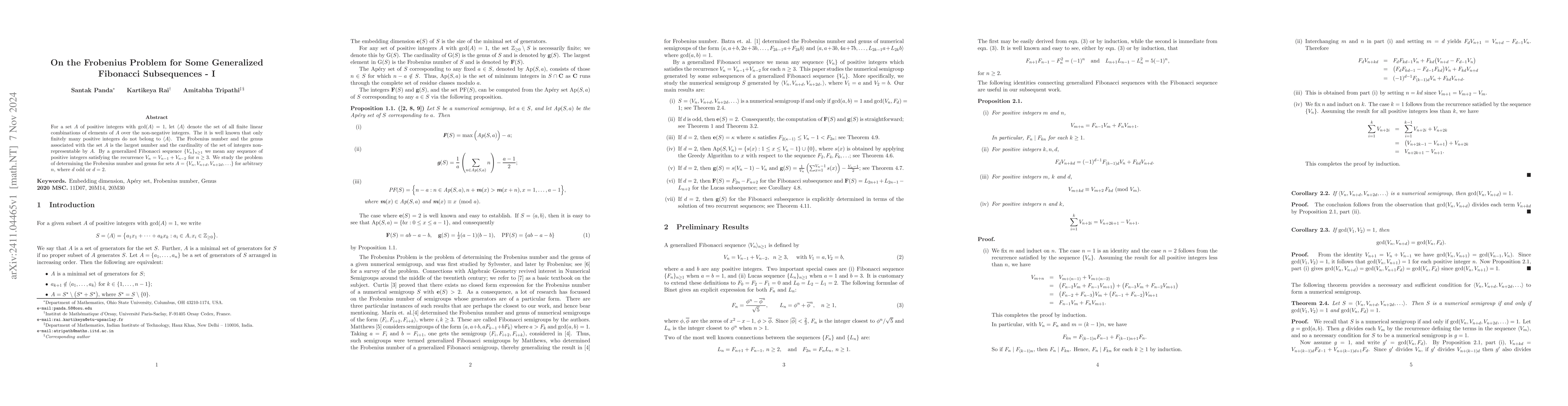 Thumbnail for On the Frobenius Problem for Some Generalized Fibonacci Subsequences --
  I