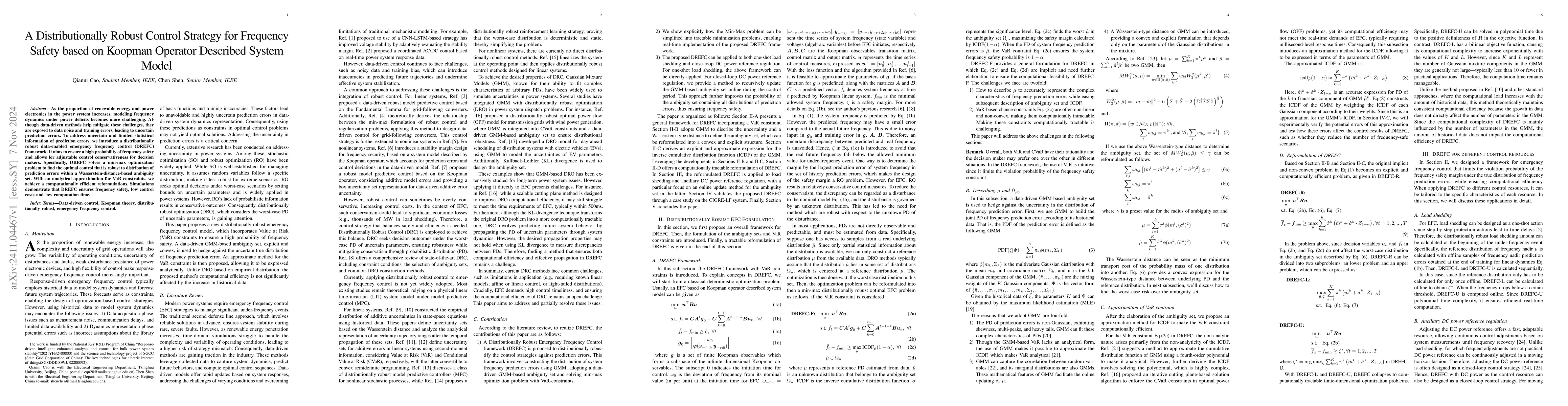 Thumbnail for A Distributionally Robust Control Strategy for Frequency Safety based on
  Koopman Operator Described System Model