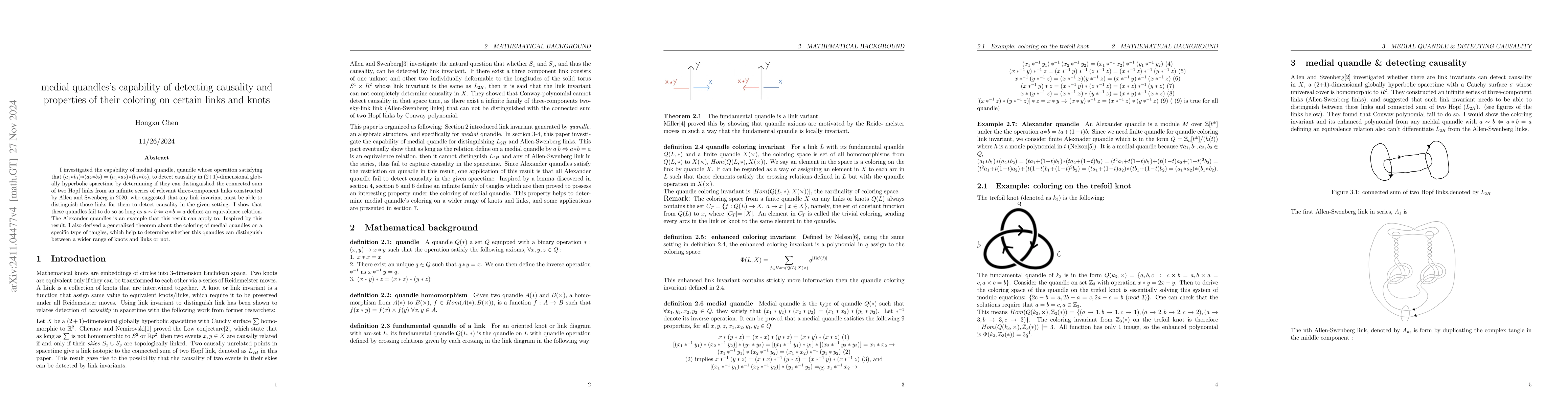 Thumbnail for Medial quandles's capability of detecting causality and properties of
  their coloring on certain links and knots