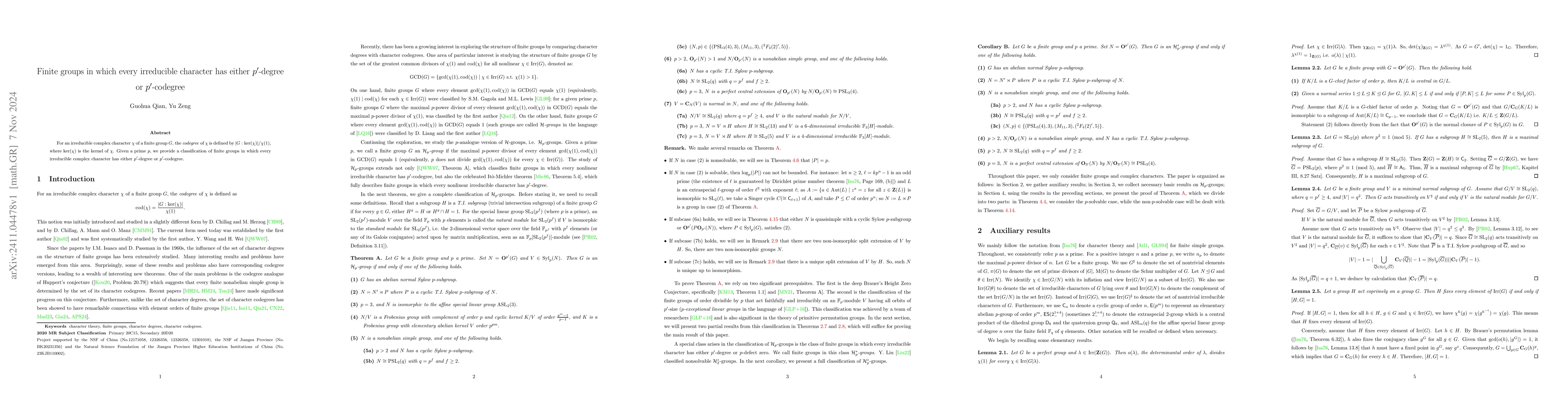 Thumbnail for Finite groups in which every irreducible character has either
  $p'$-degree or $p'$-codegree